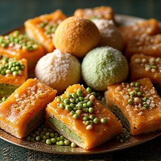 Colorful assortment of traditional Arabic sweets like baklava and maamoul on a platter