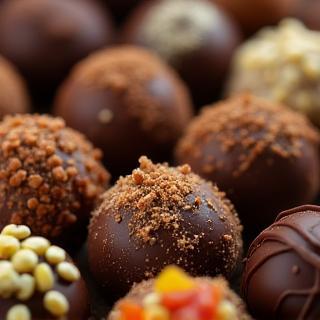 Close-up of assorted gourmet chocolate truffles with various toppings