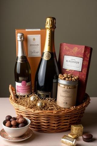 An elegantly assembled gift hamper with non-alcoholic sparkling beverage, chocolates, and nuts