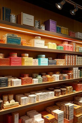 Neatly arranged shelves inside Al Reem store displaying various gift items